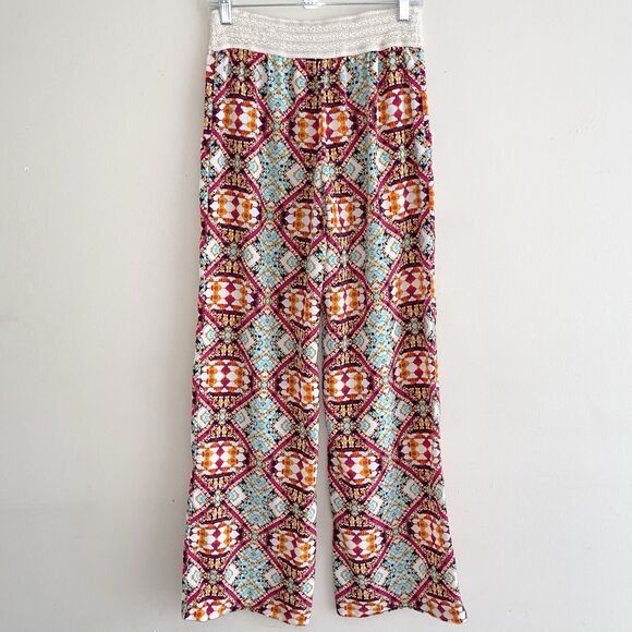 Stoosh Boho Pull On Pants Womens Size S Wide Leg Crochet Waist Flowy Colorful - Picture 12 of 12